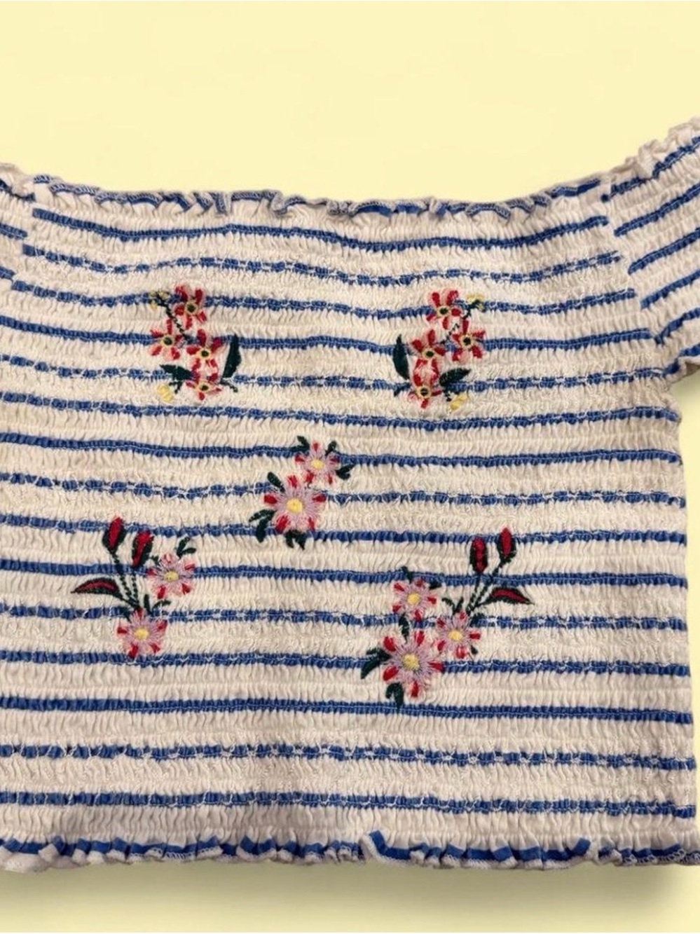 Rampage Blue & White Striped Smocked Tank with Pink Floral Embroidery